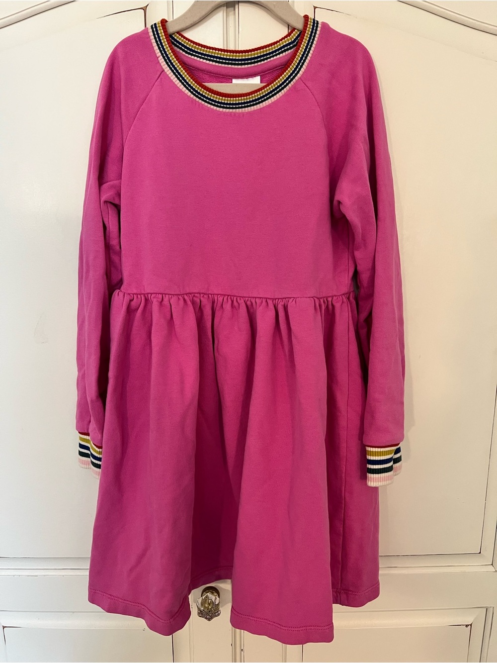 Hanna Andersson Pink Long-Sleeve Knit Dress with Rainbow Trim
